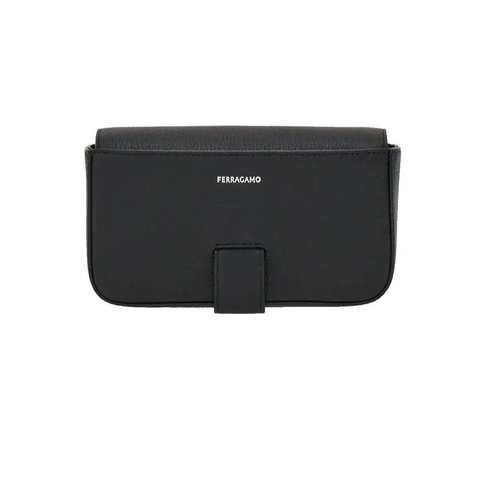 SALVATORE FERRAGAMO Mens Crossbody Wearable Wallet Black Leather Gancini $1150